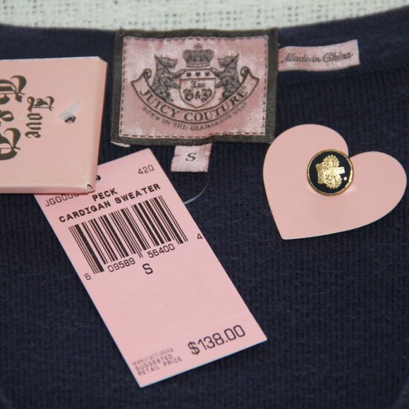 JUICY COUTURE Navy Blue Cotton Cashmere Cardigan Sweater Crown Button Front Sz S - Picture 2 of 8